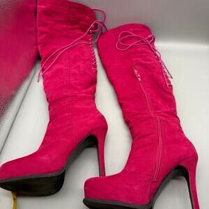 Two Lips Pink Suede Thigh High Slouchy High Heel Boots Size US 9 Side Zip & Lace